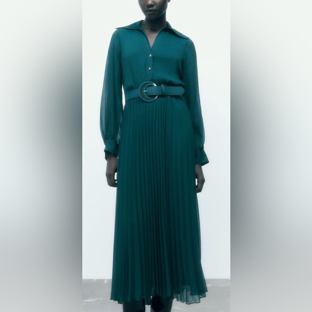 Zara Emerald Green Pleated Midi or Maxi Dress with Belt, Medium
